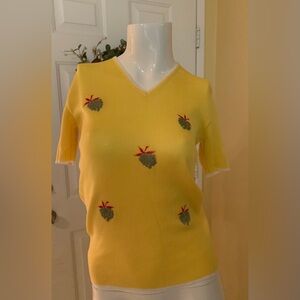 Vintage Joyce Sportswear Yellow Knit Top Embroidered Fruit V-Neck Short Sleeve